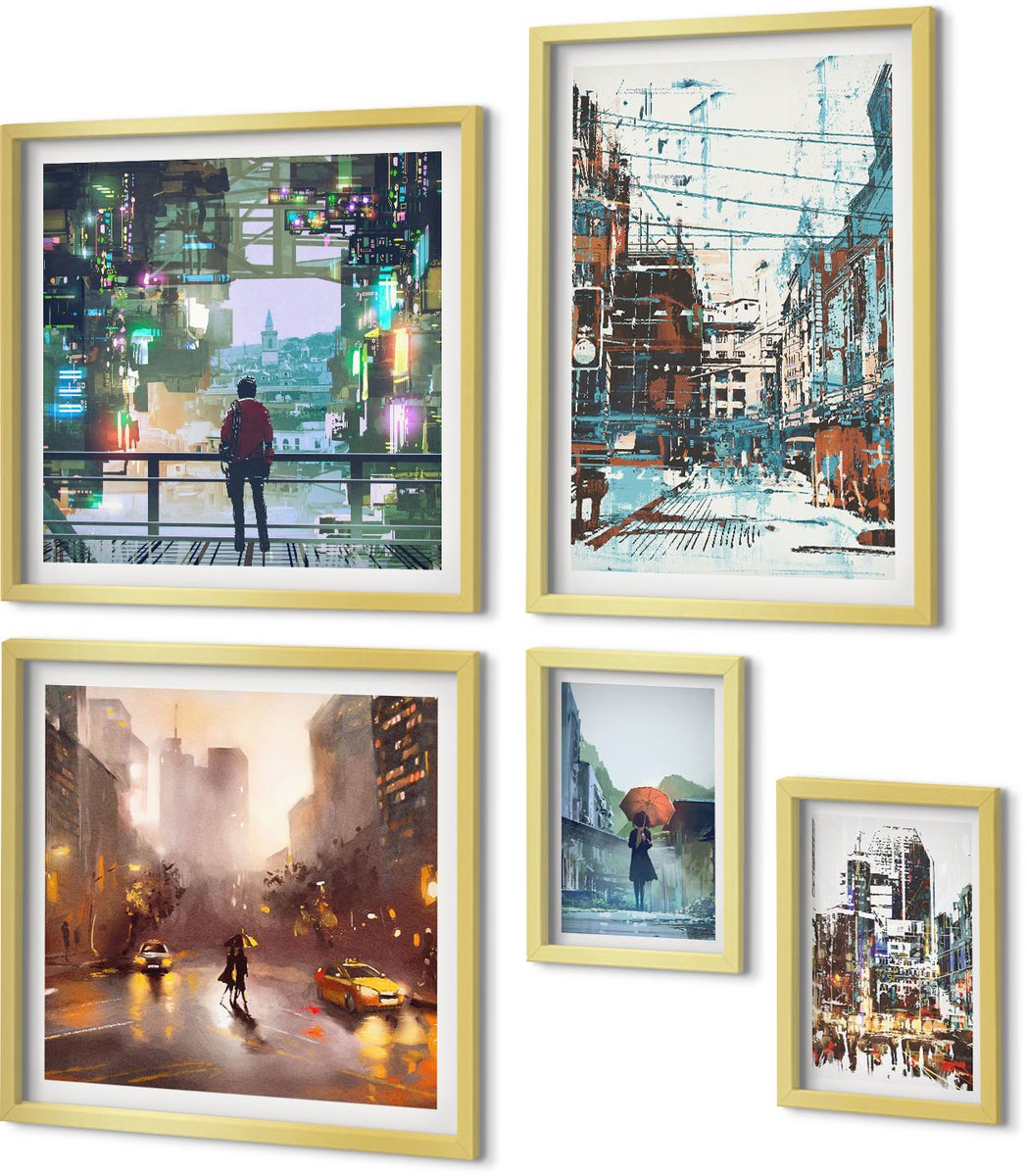 Coloray 5-Delige Schilderij Set - Moderne Stadsgezichten Met Straten En Figuren - 50 x 50 cm, 20 x 30 cm En 40 x 60 cm - Moderne Wanddecoratie - Woonkamer - Stijlvolle Muurdecoratie