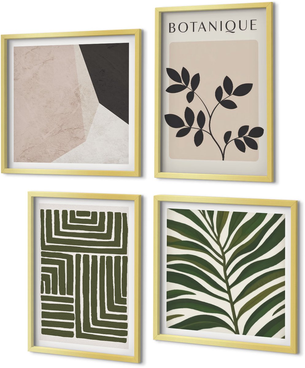 Coloray 4-Delige Schilderij Set - Botanische composities in boho-minimalistische stijl - 40 x 40 cm en 40 x 60 cm - Muurdecoratie - Schilderijen Set - Woonkamer - Moderne Wanddecoratie