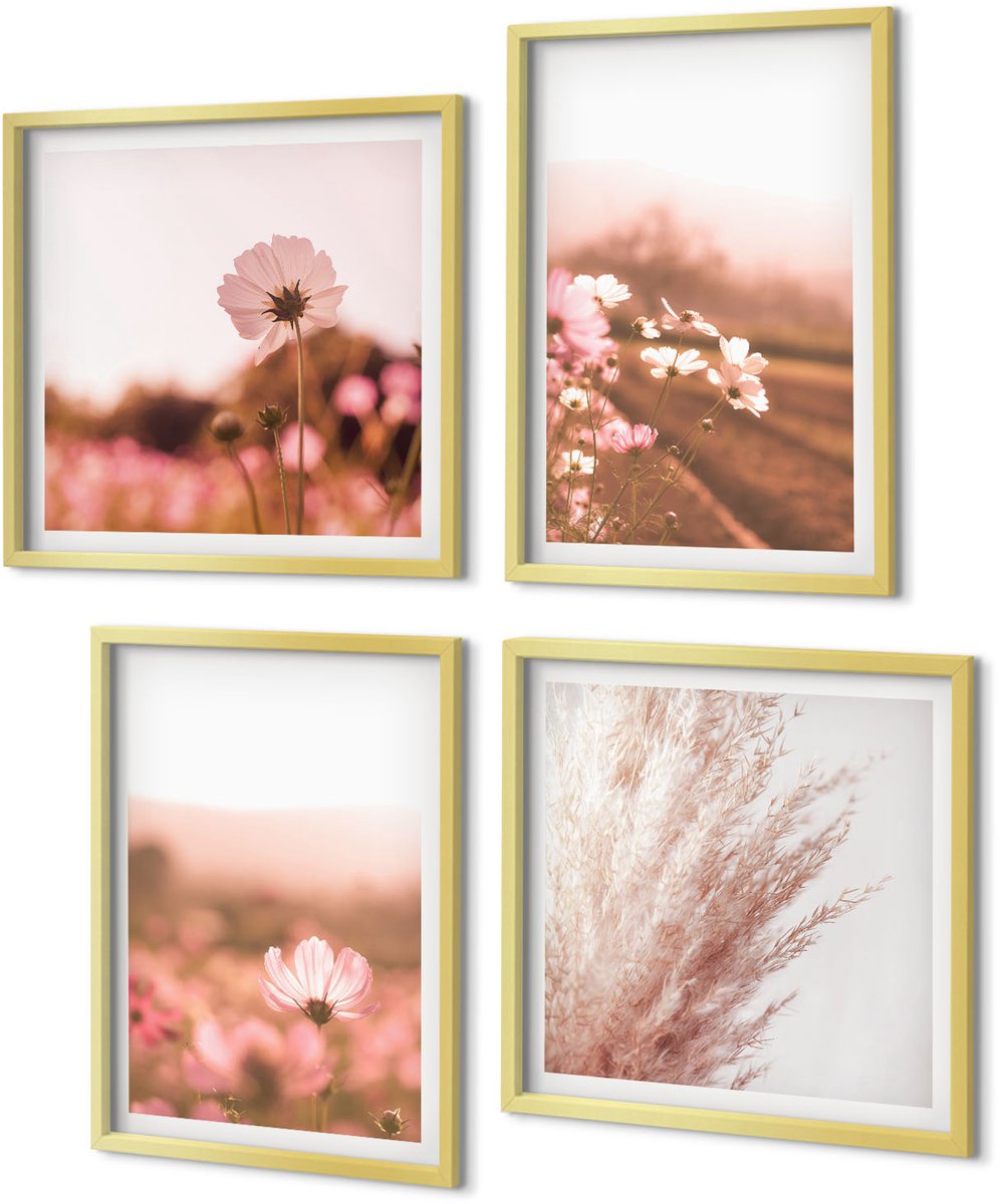 Coloray 4-Delige Schilderij Set - Wilde bloemen in de weiden in een romantisch zomerlandschap - 40 x 40 cm en 40 x 60 cm - Muurdecoratie - Wanddecoratie - Hal - Decoratieve Schilderijen