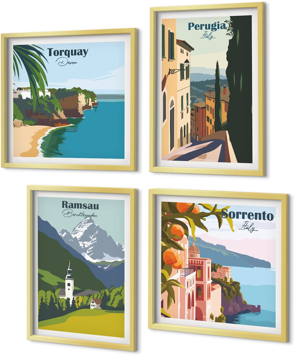 Coloray 4-Delige Schilderij Set - Berglandschappen en straten van Europese steden - 40 x 40 cm en 40 x 60 cm - Wanddecoratie - Muurdecoratie - Moderne Interieurdecoratie - Moderne Wanddecoratie