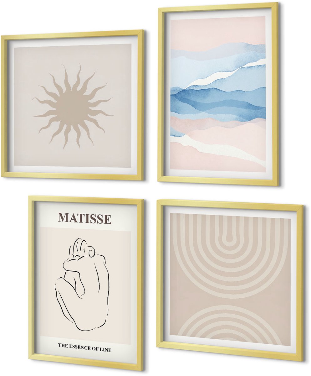 Coloray 4-Delige Schilderij Set - Lijnen en golven in pasteltinten met een minimalistisch accent. - 40 x 40 cm en 40 x 60 cm - Muurdecoratie - Schilderijen Set - Woonkamer - Woonkamer Decoratie