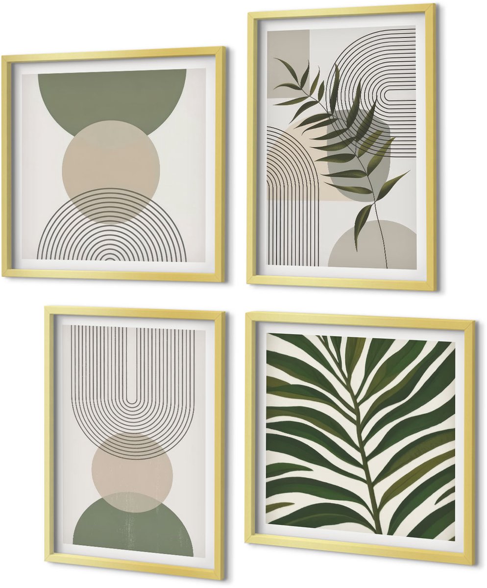Coloray 4-Delige Schilderij Set - Abstracte vormen en bladeren in boho-stijl - 40 x 40 cm en 40 x 60 cm - Wanddecoratie - Woonkamer Decoratie