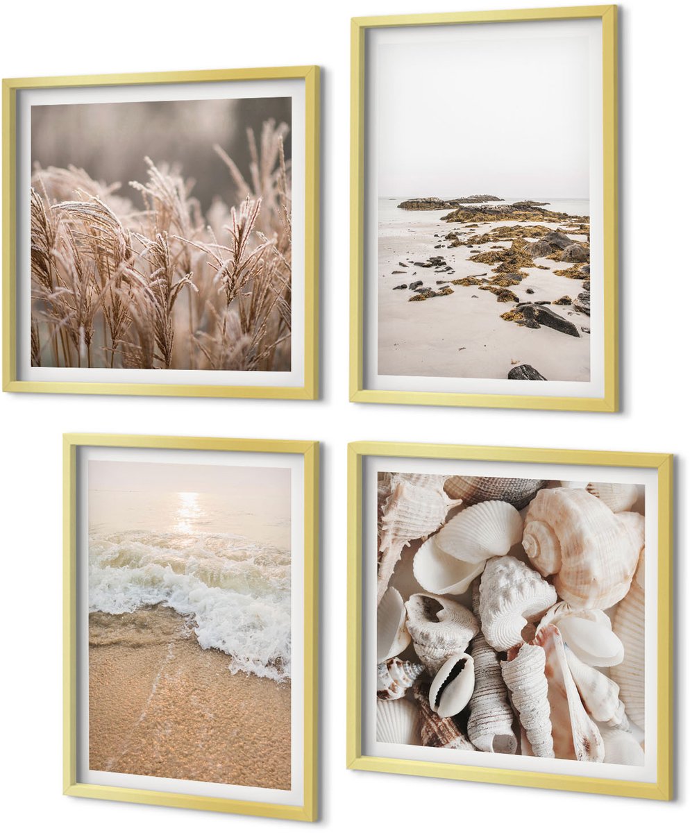 Coloray 4-Delige Schilderij Set - Strandgras, golven en zeestenen, boho - 40 x 40 cm en 40 x 60 cm - Wanddecoratie - Moderne Interieurdecoratie - Decoratieve Schilderijen