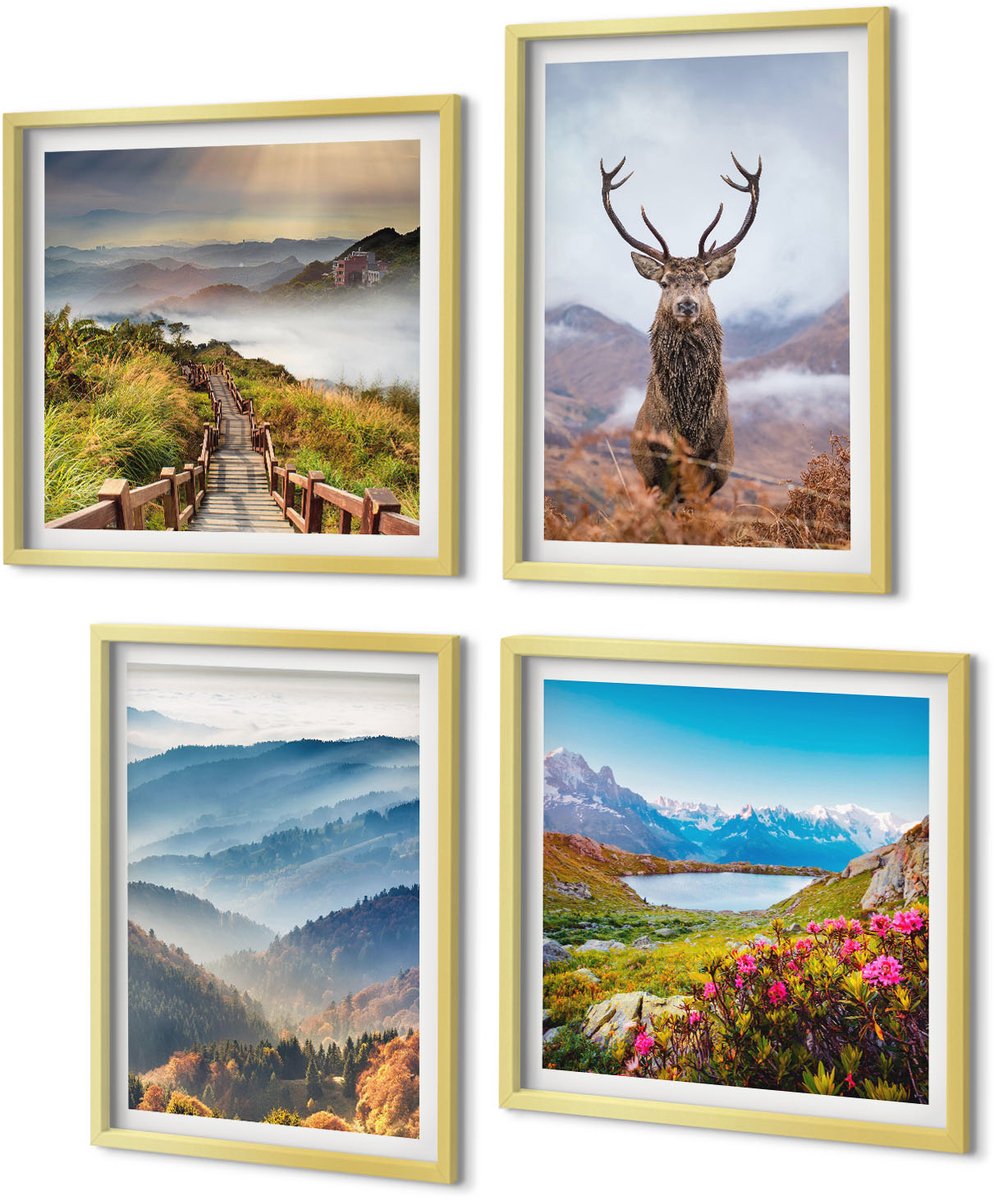Coloray 4-Delige Schilderij Set - Berglandschappen met meer en herten in de natuur - 40 x 40 cm en 40 x 60 cm - Moderne Wanddecoratie - Slaapkamer