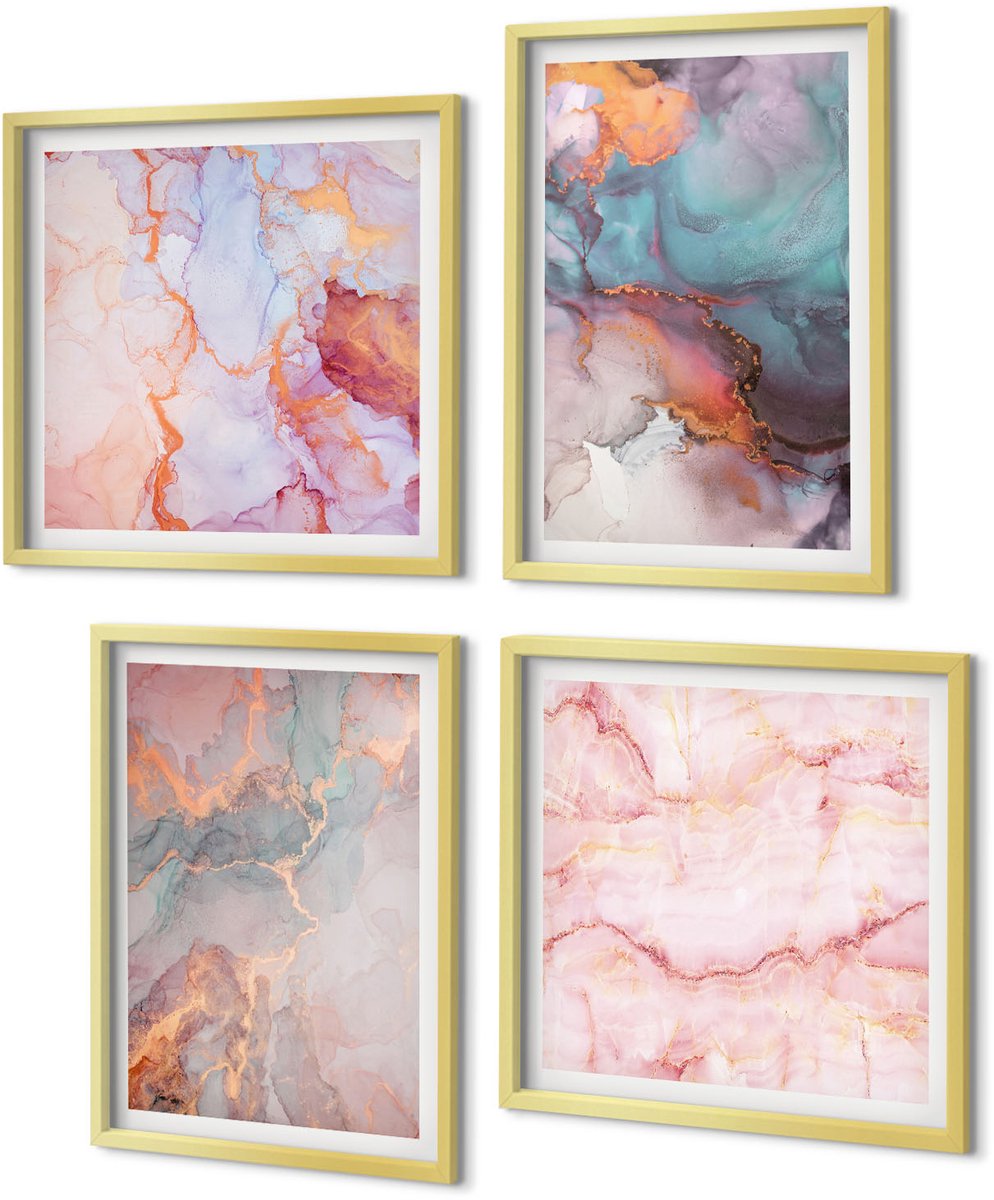 Coloray 4-Delige Schilderij Set - Abstracte patronen in pastelkleuren met accenten - 40 x 40 cm en 40 x 60 cm - Muurdecoratie - Decoratieve Schilderijen - Wohnzimmer - Interieur Decoratie