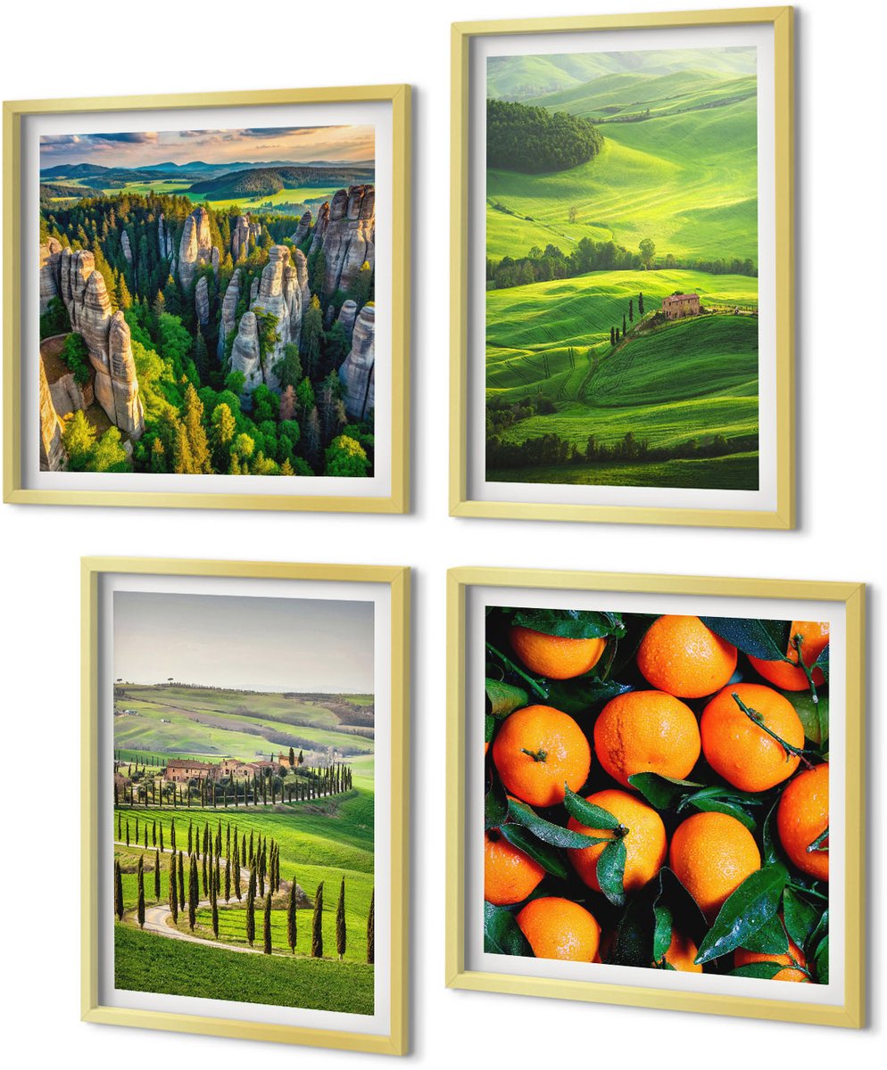 Coloray 4-Delige Schilderij Set - Italiaans plattelandslandschap met sinaasappelbomen en natuur - 40 x 40 cm en 40 x 60 cm - Wanddecoratie - Woonkamer Decoratie - Decoratieve Schilderijen