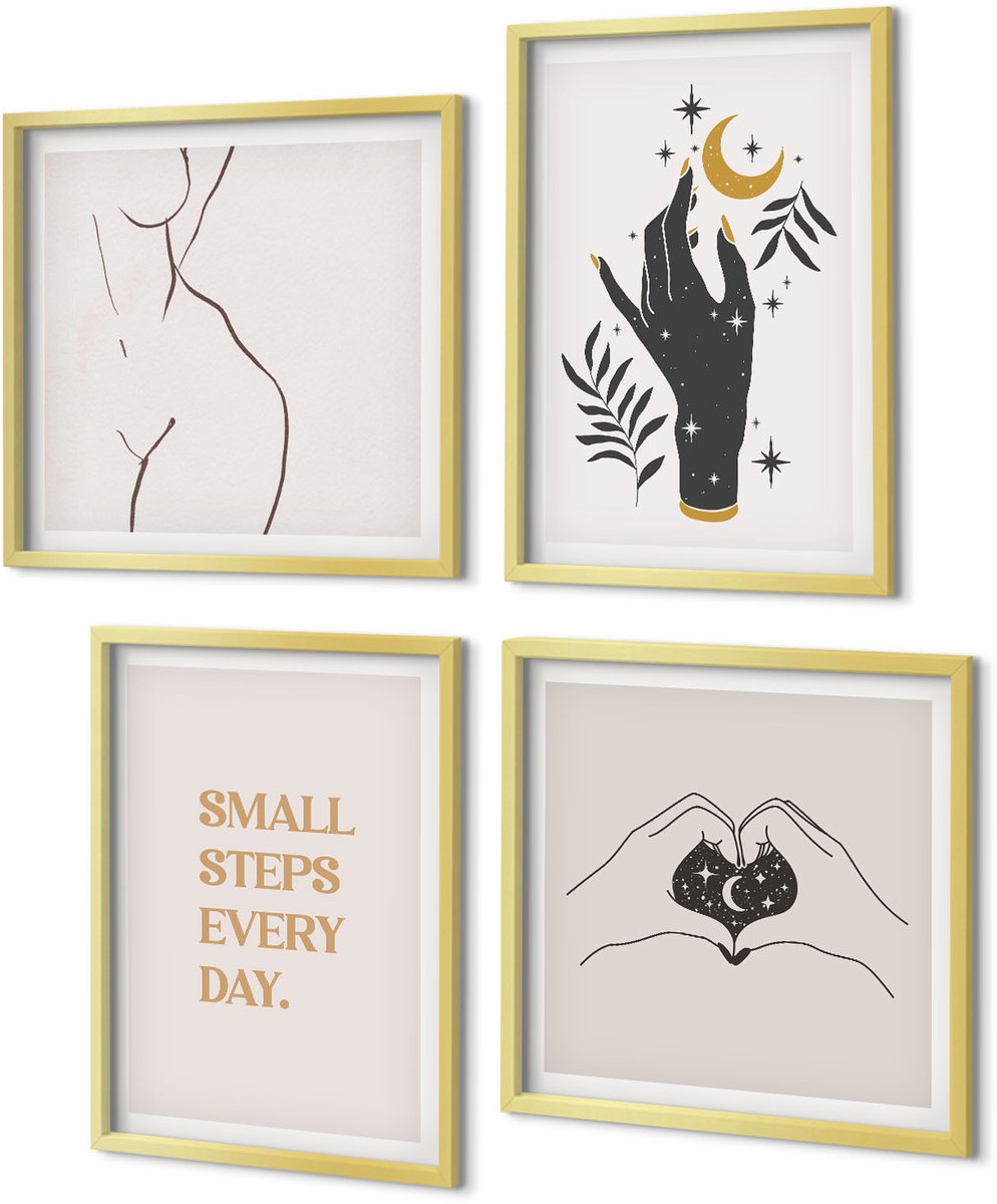 Coloray 4-Delige Schilderij Set - Minimalistische illustraties die boho-tekst inspireren - 40 x 40 cm en 40 x 60 cm - Decoratieve Muurdecoratie - Slaapkamer