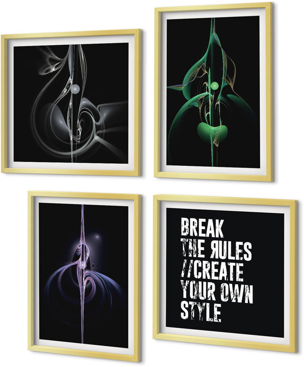 Coloray 4-Delige Schilderij Set - Abstracte patronen in zwarte inscriptie - 40 x 40 cm en 40 x 60 cm - Schilderijen Set - Wanddecoratie - Woonkamer - Interieur Decoratie