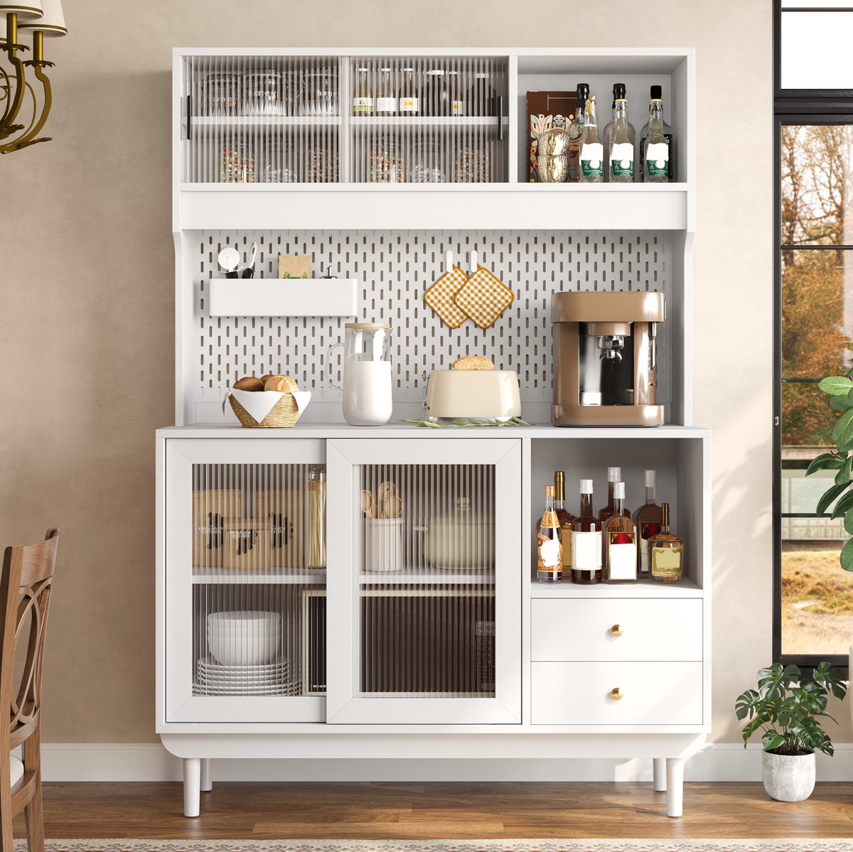 MIVRAY Keukenkast - Riffelglas Schuifdeuren Met Opbergvakken En Laden - Voor Keuken En Eetkamer - MDF En Spaanplaat - Wit - 117 Cm