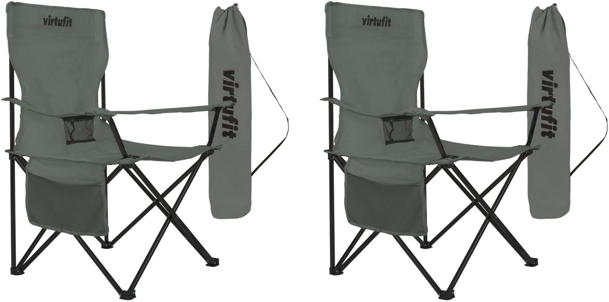 VirtuFit Opvouwbare Camping Stoel - Set van 2 - Strandstoel met Armsteunen - Grijs - Inclusief Draagtassen - Voor Festivals, Campings & Stranden