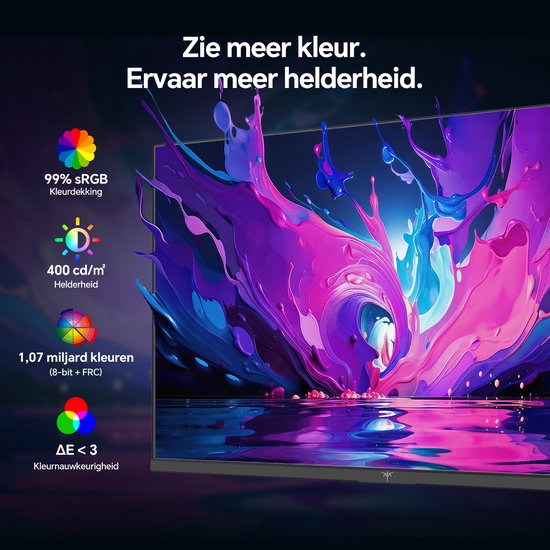 Monitor toont levendige, abstracte kleuren en spatten, met 99% sRGB, 400 cd/m² helderheid en 1.07 miljard kleuren.