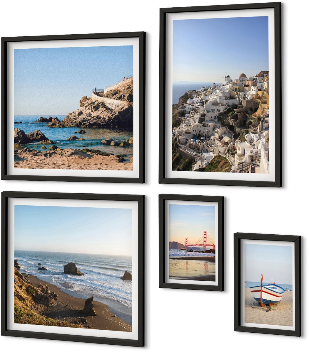 Coloray 5-Delige Schilderij Set - Uitzichten Op Pittoreske Stranden En Charmante Stadjes - 50 x 50 cm, 20 x 30 cm En 40 x 60 cm - Wanddecoratie - Muurdecoratie - Moderne Interieurdecoratie - Woonkamer Decoratie Zwarte lijst