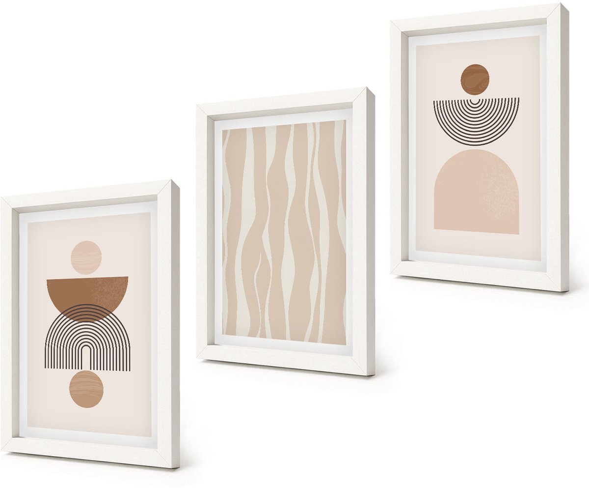 Coloray 3-Delige Schilderij Set - Abstracte vormen in bruine en beige tinten - 20x30 - Decoratieve Schilderijen - Wanddecoratie - Hal - Interieur Decoratie