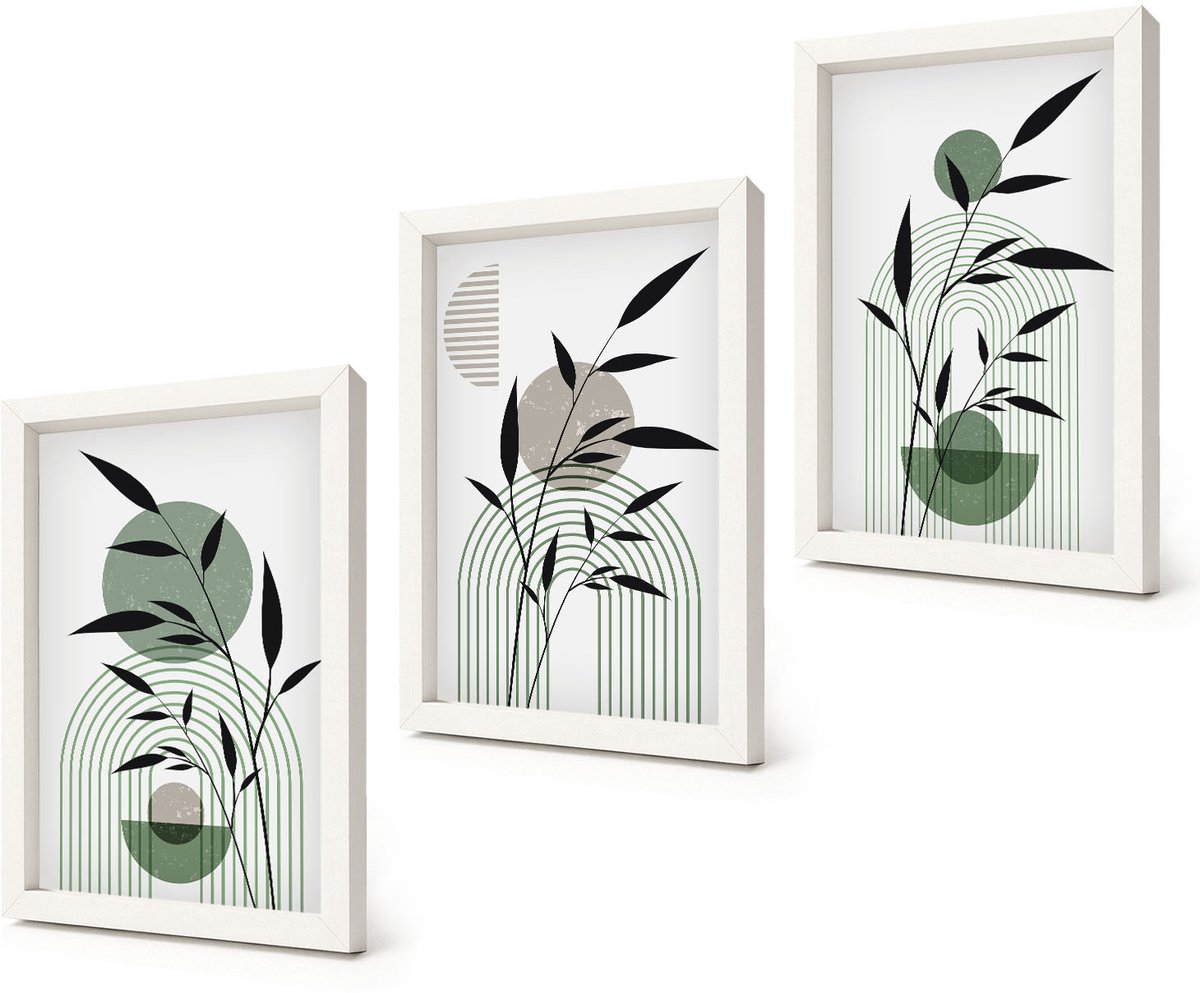 Coloray 3-Delige Schilderij Set - Abstracte plantencomposities in boho-stijl - 20x30 - Wanddecoratie - Schilderijen Set - Kantoor - Decoratieve Schilderijen