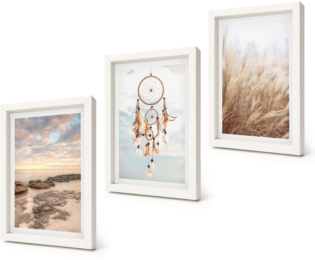 Coloray 3-Delige Schilderij Set - Zeezicht met wolken, dromenvanger en gras - 20x30 - Muurdecoratie - Decoratieve Schilderijen - Wohnzimmer - Interieur Decoratie