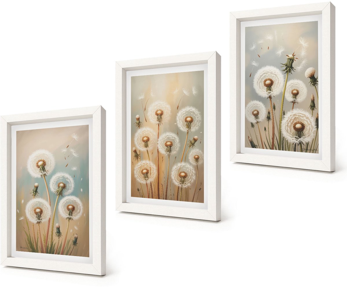 Coloray 3-Delige Schilderij Set - Paardenbloemen op een pastelkleurige achtergrond - 20x30 - Moderne Wanddecoratie - Slaapkamer - Muurdecoratie