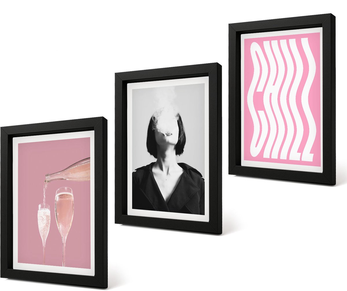 Coloray 4-Delige Schilderij Set - Stijlvol portret van een vrouw, champagne en ontspanning. - 20 x 30 cm - Muurdecoratie - Decoratieve Schilderijen - Wohnzimmer