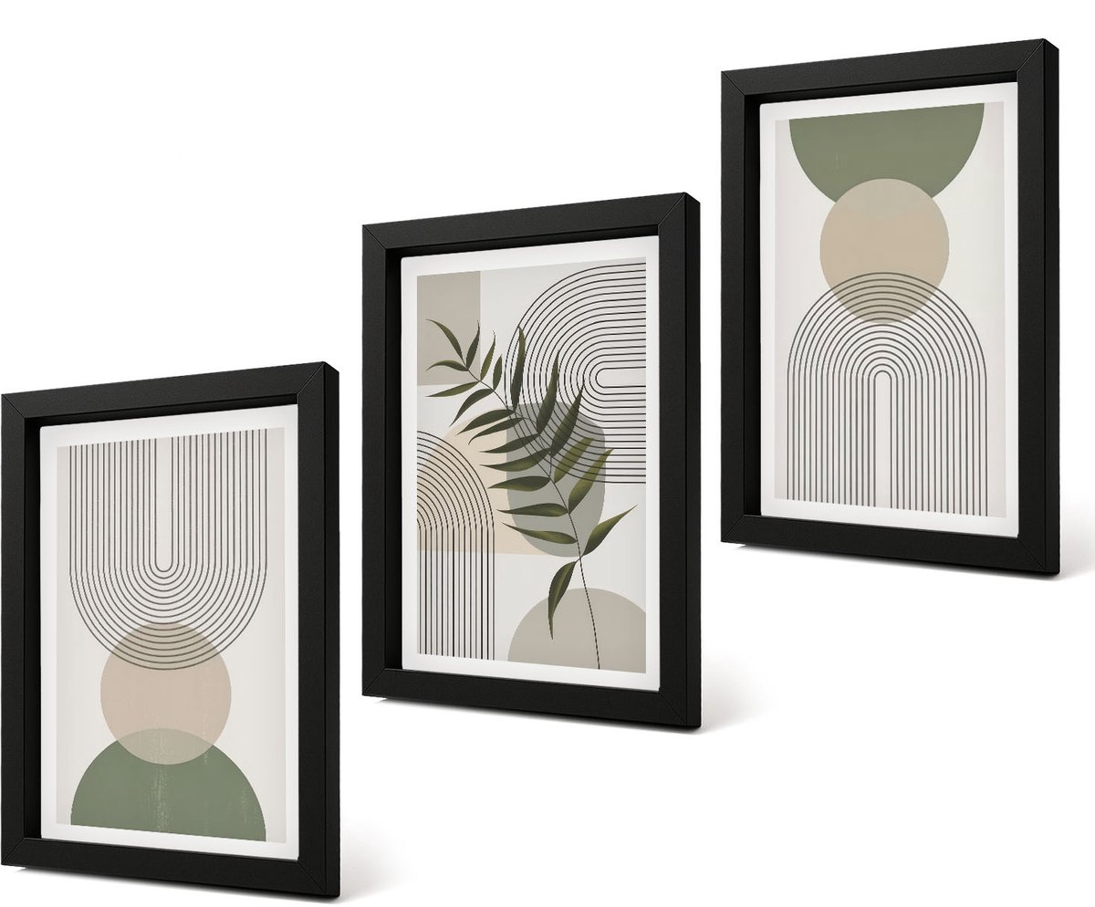 Coloray 4-Delige Schilderij Set - Abstracte vormen in tinten groen en beige - 20 x 30 cm - Wanddecoratie - Woonkamer Decoratie