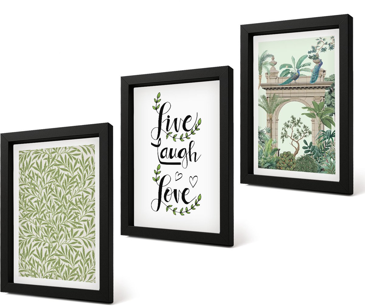 Coloray 4-Delige Schilderij Set - Groene bladeren als lettertype en exotische planten in de architectuur - 20 x 30 cm - Stijlvolle Muurdecoratie - Kantoor - Decoratieve Schilderijen