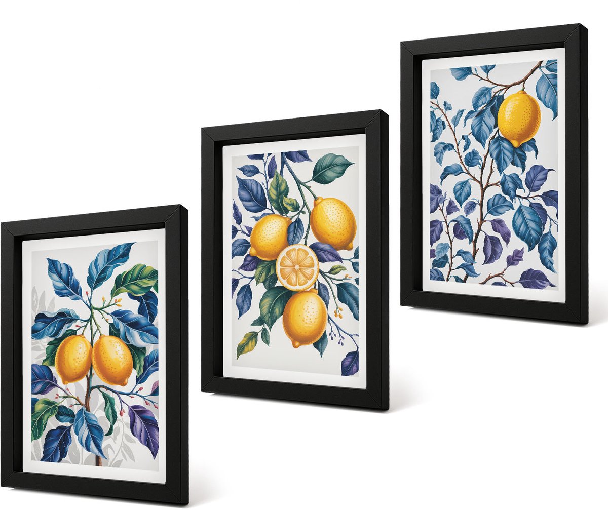 Coloray 4-Delige Schilderij Set - Citroenen aan takken met blauwe bladeren - 20 x 30 cm - Decoratieve Schilderijen - Woonkamer - Interieur - Interieur Decoratie