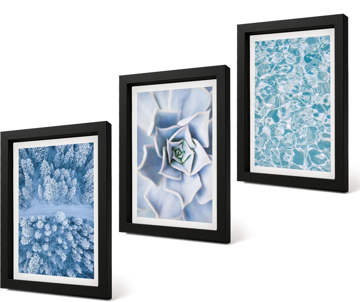 Coloray 4-Delige Schilderij Set - Winterbos, blauwe bloem, blauw wateroppervlak - 20 x 30 cm - Wanddecoratie - Schilderijen Set - Interieur - Moderne Wanddecoratie