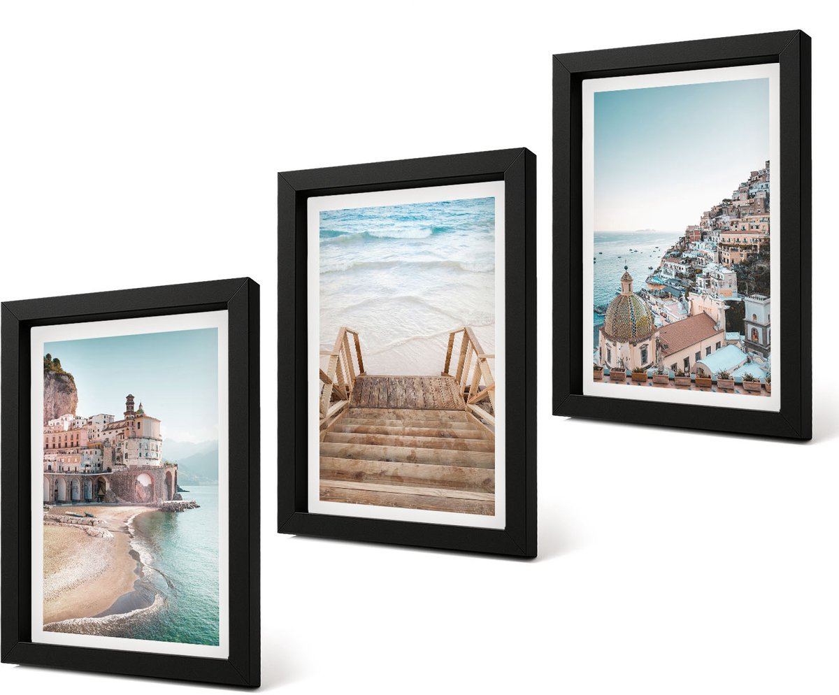 Coloray 4-Delige Schilderij Set - Zomerse pastelkleuren met architectuur aan zee en strand - 20 x 30 cm - Muurdecoratie - Wanddecoratie - Slaapkamer - Decoratieve Schilderijen Zwarte lijst