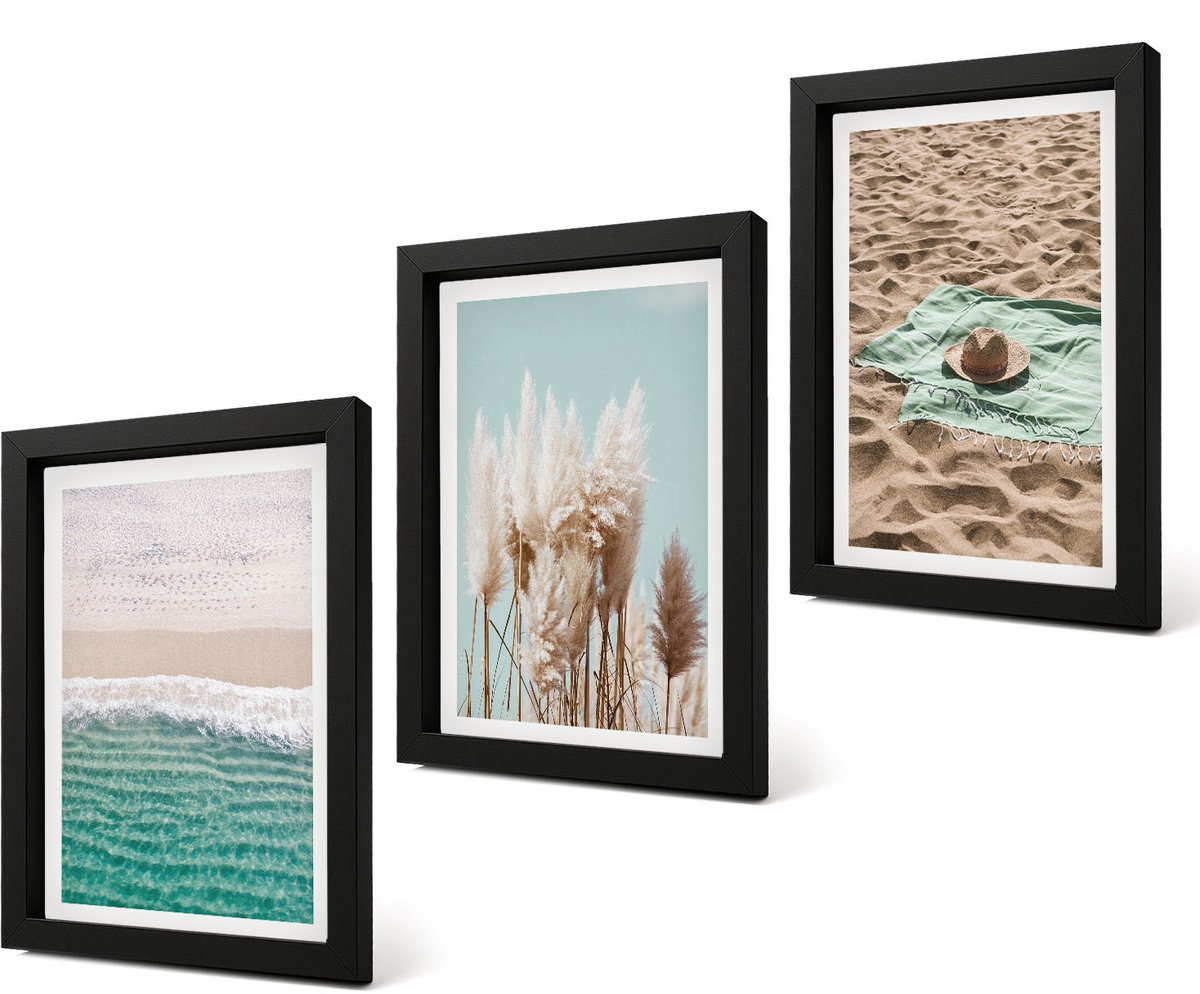 Coloray 4-Delige Schilderij Set - Strandgolven Gras Hoed Zand Ontspanning Natuur - 20 x 30 cm - Stijlvolle Muurdecoratie - Slaapkamer - Decoratieve Schilderijen