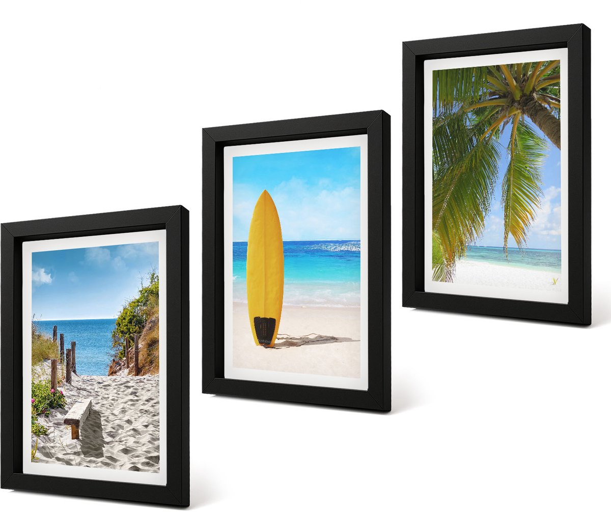 Coloray 4-Delige Schilderij Set - Vakantiegezichten, strandgolven en palmbomen in de tropen - 20 x 30 cm - Wanddecoratie - Schilderijen Set - Interieur - Stijlvolle Muurdecoratie