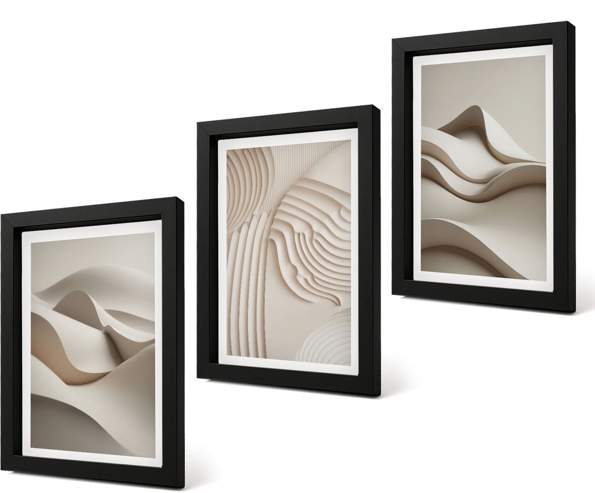 Coloray 4-Delige Schilderij Set - Abstracte golven en structuren in beigetinten - 20 x 30 cm - Schilderijen Set - Wanddecoratie - Woonkamer - Interieur Decoratie