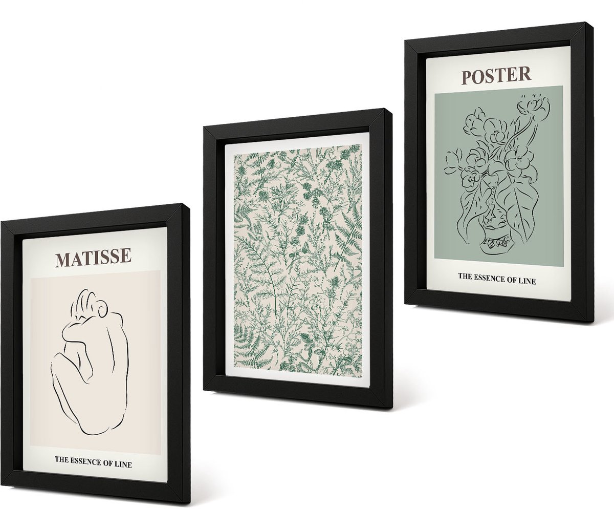 Coloray 4-Delige Schilderij Set - Lijnen en plantmotieven in een minimalistische stijl. - 20 x 30 cm - Muurdecoratie - Interieur Decoratie Zwarte lijst