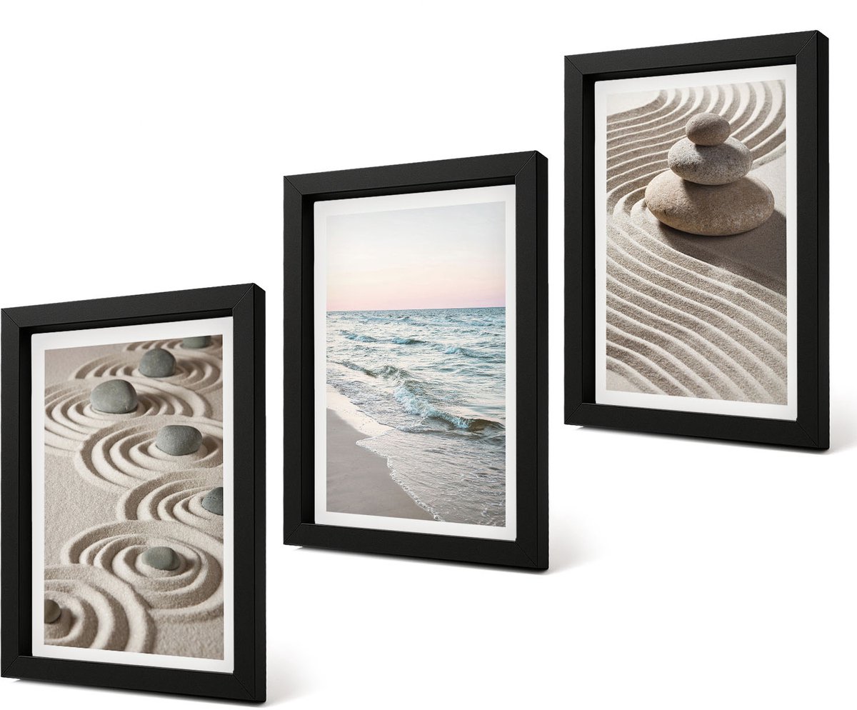 Coloray 4-Delige Schilderij Set - Rustig zand en kabbelend water met kiezels op het strand. - 20 x 30 cm - Wanddecoratie - Schilderijen Set - Kantoor - Muurdecoratie
