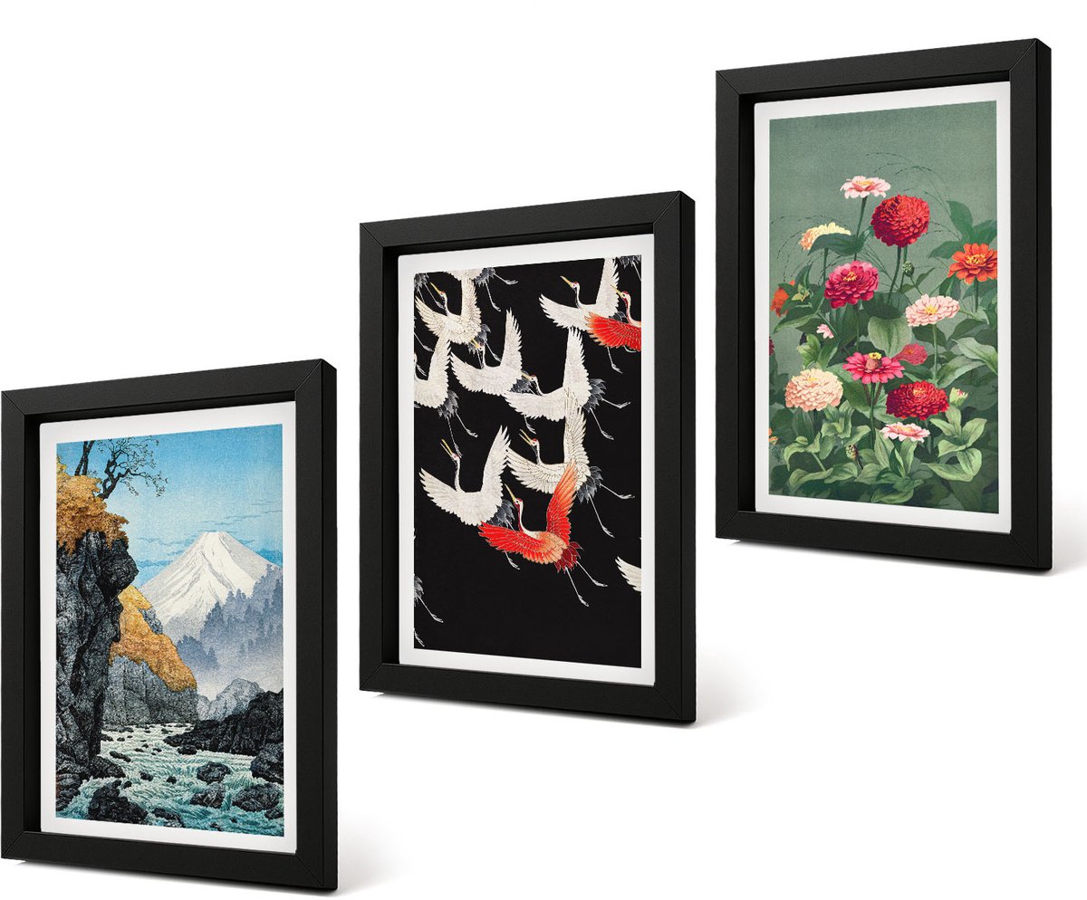 Coloray 4-Delige Schilderij Set - Bergen met een waterval, vogels in vlucht en kleurrijke bloemen - 20 x 30 cm - Wanddecoratie - Moderne Interieurdecoratie - Woonkamer Decoratie
