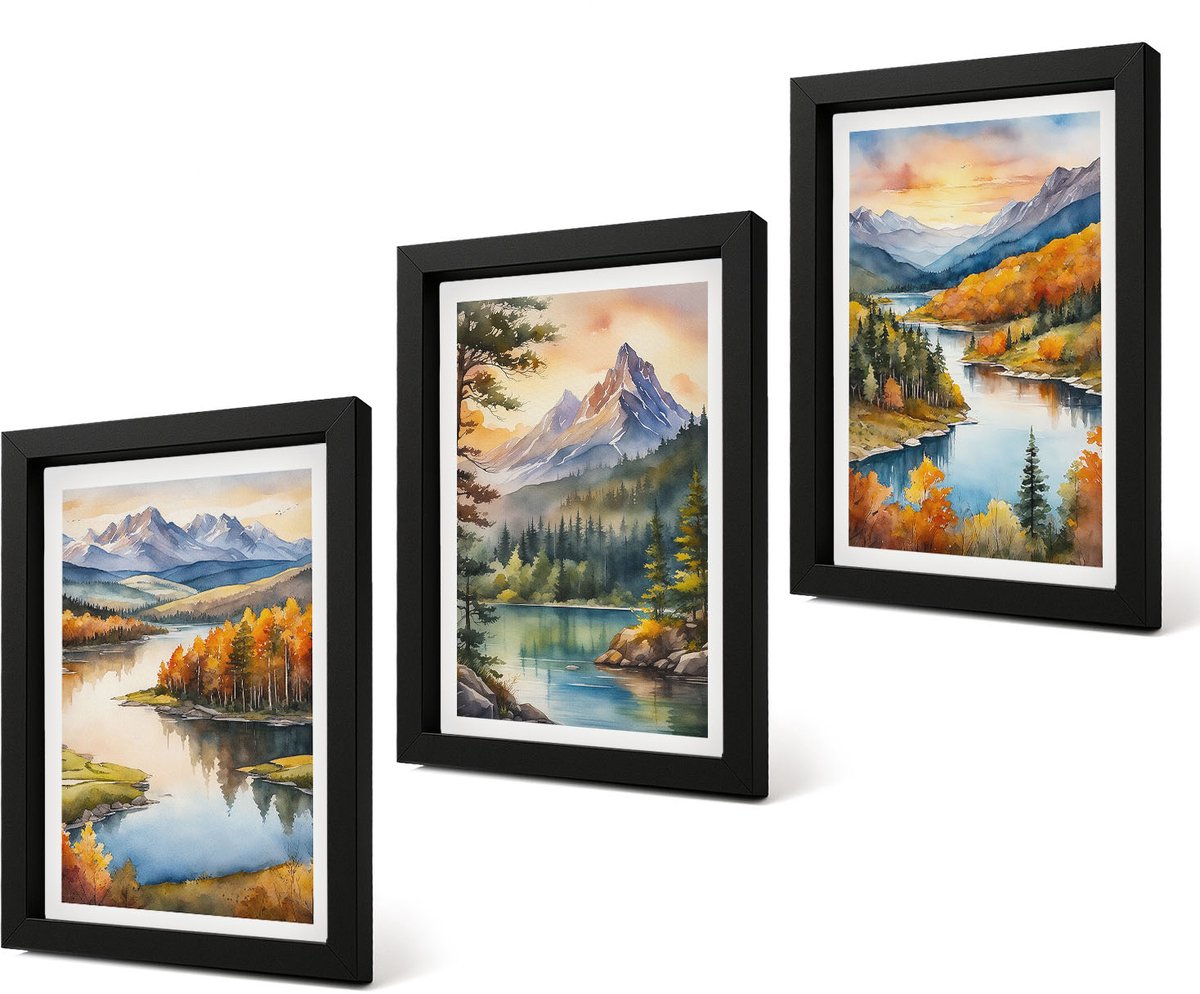 Coloray 4-Delige Schilderij Set - Berglandschappen met een rivier en kleurrijke bomen - 20 x 30 cm - Wanddecoratie - Moderne Interieurdecoratie - Stijlvolle Muurdecoratie