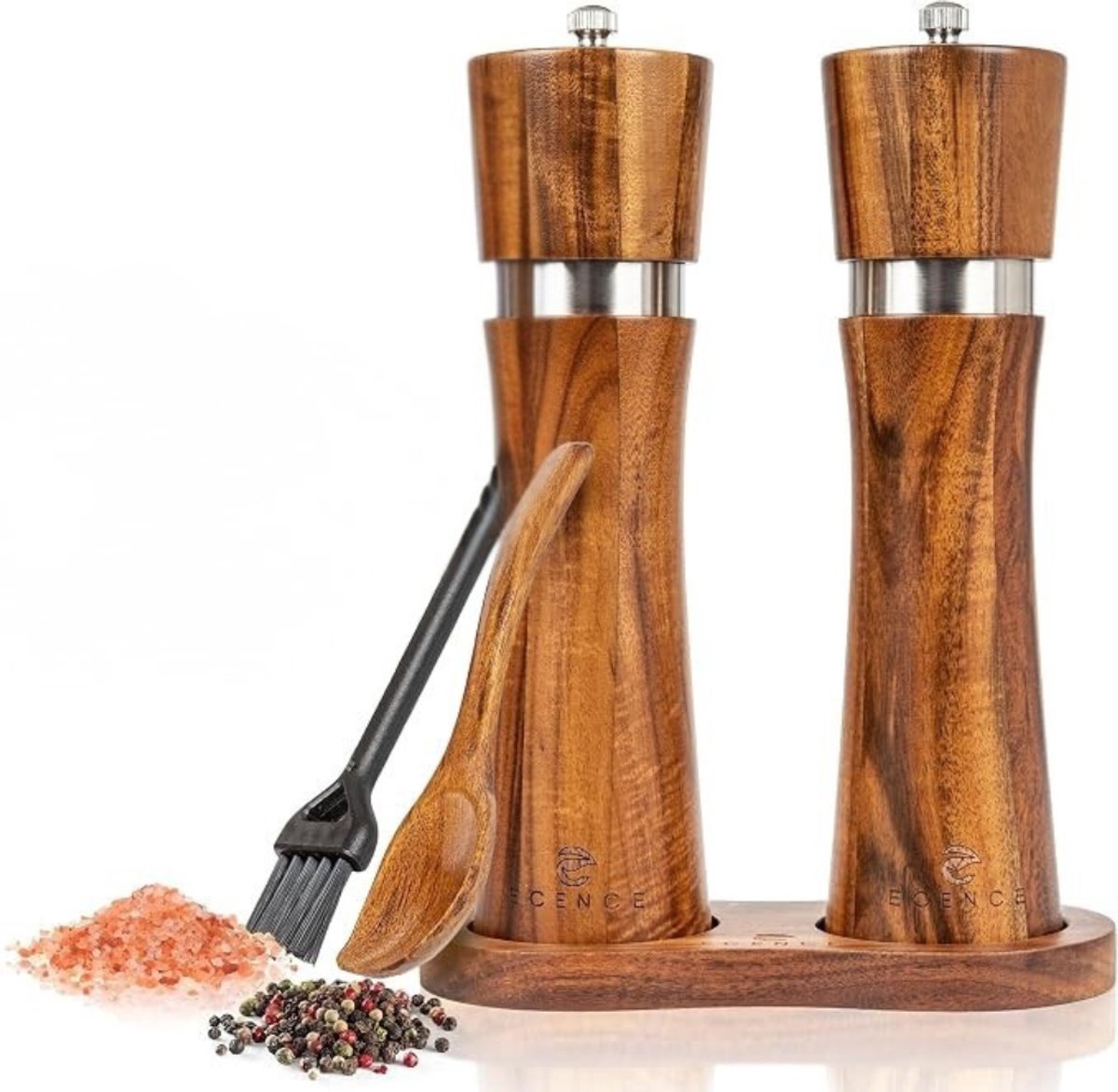 Verte Zout en Peper Molen Set - Zout- en Pepermolen van Hout - Peper- en Zoutmolen van Acaciahout - Kruidenmolen met Keramisch Maalwerk - Inclusief Reinigingsborstel en Onderzetter - Set van 2