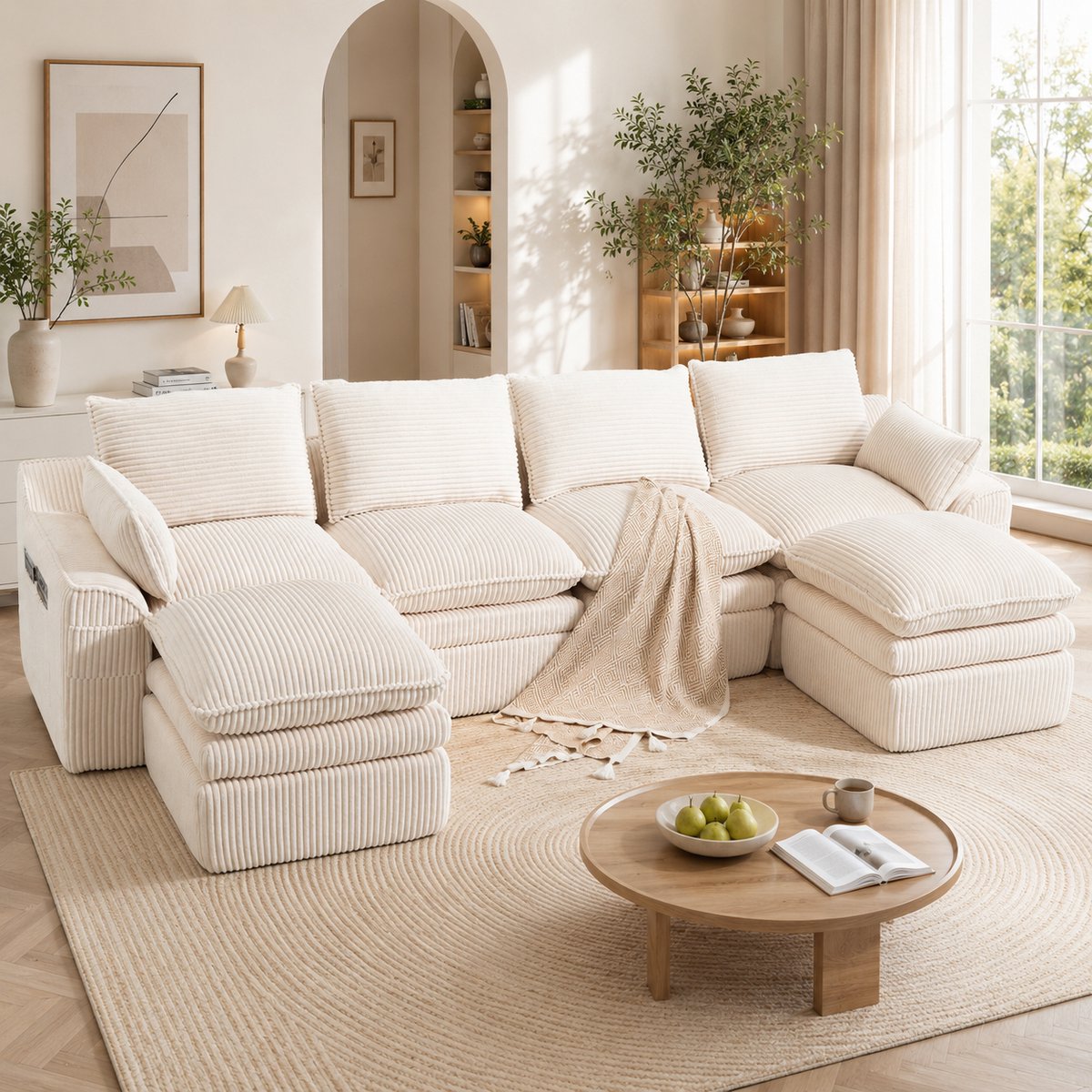Modulaire 4-zitsbank cord met 2 hockers - Ideaal voor woonkamer en kantoor - 4 zitplaatsen - Beige - 3-laags schuim en springkern - 2 zijvakken en kussens - Vrij combineerbaar