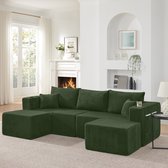 Modulaire L‑vorm corduroy hoekbank met beweegbare ottomans – voor woonkamer, hotel en huurwoning – 3‑zits, ca. 210×150×85 cm – groen – geïntegreerde drankhouders en zijvakken – zachte corduroy stof – vacuüm verpakt, snel gemonteerd