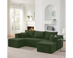 Modulaire L‑vorm corduroy hoekbank met beweegbare ottomans – voor woonkamer, hotel en huurwoning – 3‑zits, ca. 210×150×85 cm – groen – geïntegreerde drankhouders en zijvakken – zachte corduroy stof – vacuüm verpakt, snel gemonteerd