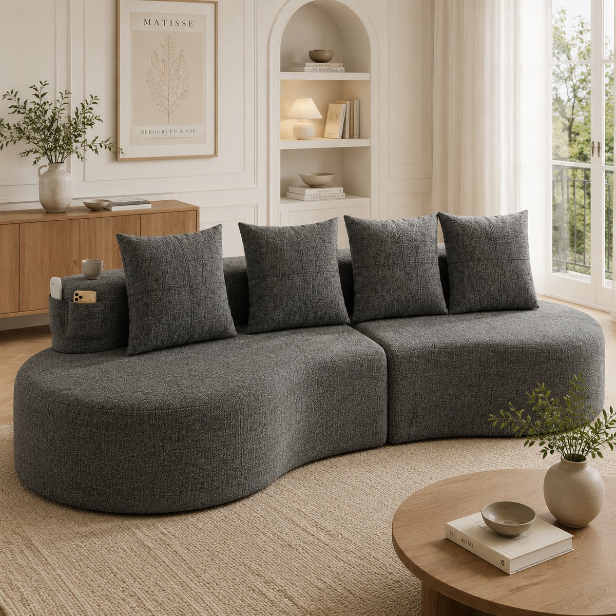 Linnen bank met 4 kussens - Uniek design voor woonkamer en gastenverblijf - Donkergrijs - Ingebouwde bekerhouders en zijvakken - Hoogwaardig schuim en springkern vulling