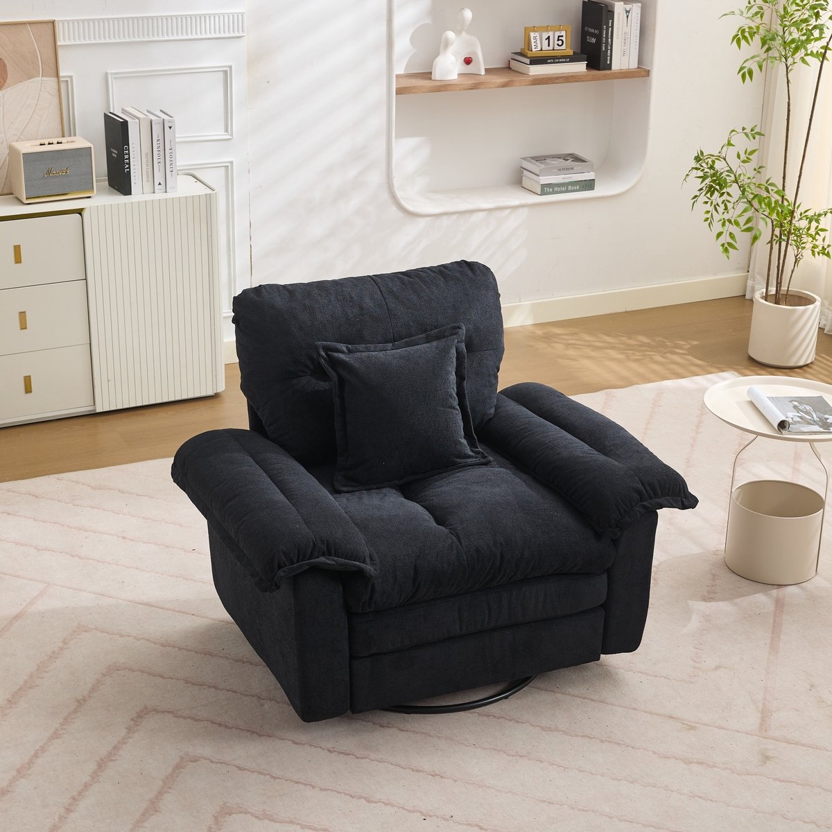360° draaifauteuil chenille oversized - Lees- en relaxstoel voor woonkamer, slaapkamer en kinderkamer - 1-persoons - Crème - Dubbellaags zitcomfort met pocketvering - Stabiele metalen voet tot 136 kg - Inclusief ergonomisch steunkussen
