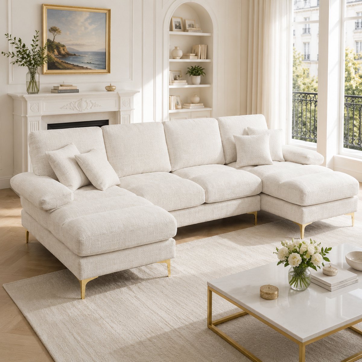 U-vorm sectionaalbanks met dubbele chaise longue - grote woonkamerbank - 6+ personen - chenille stof - gouden metalen poten - opbergvak in armleuning - incl. 6 kussens