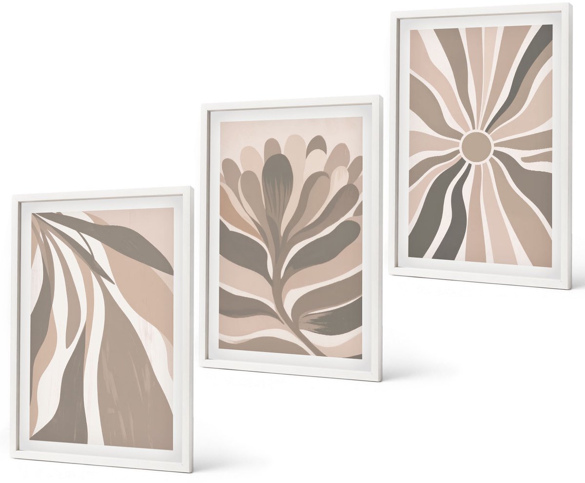 Coloray 3-Delige Schilderij Set - Abstracte Plantpatronen In Beige En Bruine Tinten. - 40 x 60 - Moderne Wanddecoratie - Woonkamer - Muurdecoratie