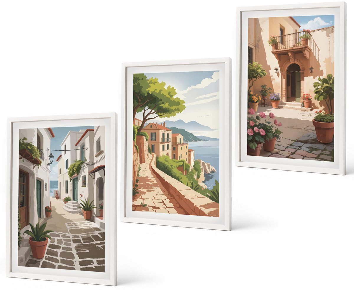 Coloray 3-Delige Schilderij Set - Schilderachtige Straatjes Met Huizen En Potplanten. - 40 x 60 - Muurdecoratie - Interieur Decoratie - Woonkamer Decoratie