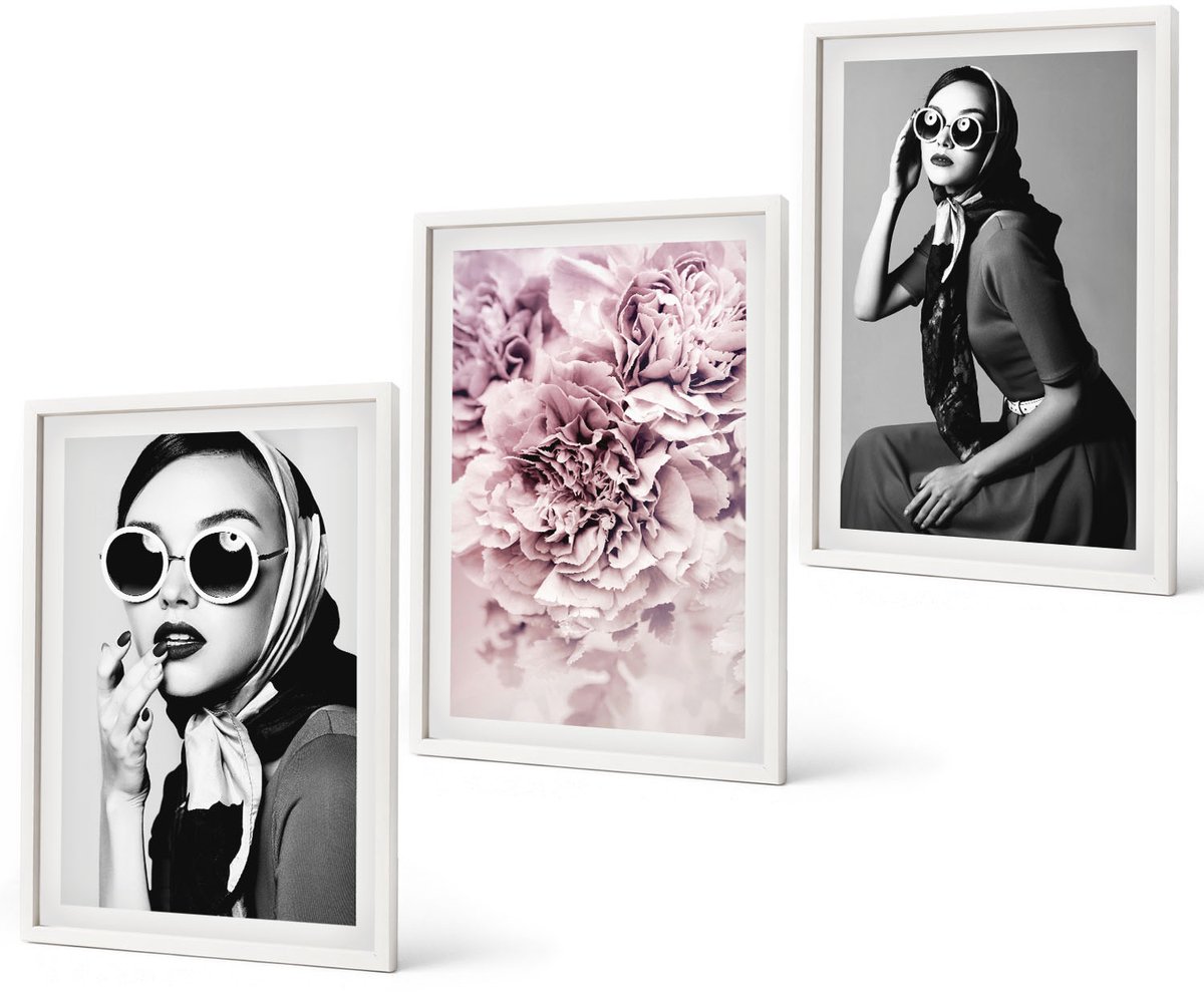 Coloray 3-Delige Schilderij Set - Stijlvolle Portretten Van Vrouwen Met Roze Bloemen - 40 x 60 - Stijlvolle Muurdecoratie - Slaapkamer - Interieur Decoratie