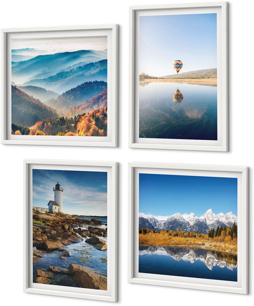 Coloray 4-Delige Schilderij Set - Uitzicht Op De Natuur Met Een Vuurtoren, Bergen, Een Meer En Een Ballon. - 40 x 40 En 40 x 60 - Stijlvolle Muurdecoratie - Slaapkamer - Decoratieve Schilderijen