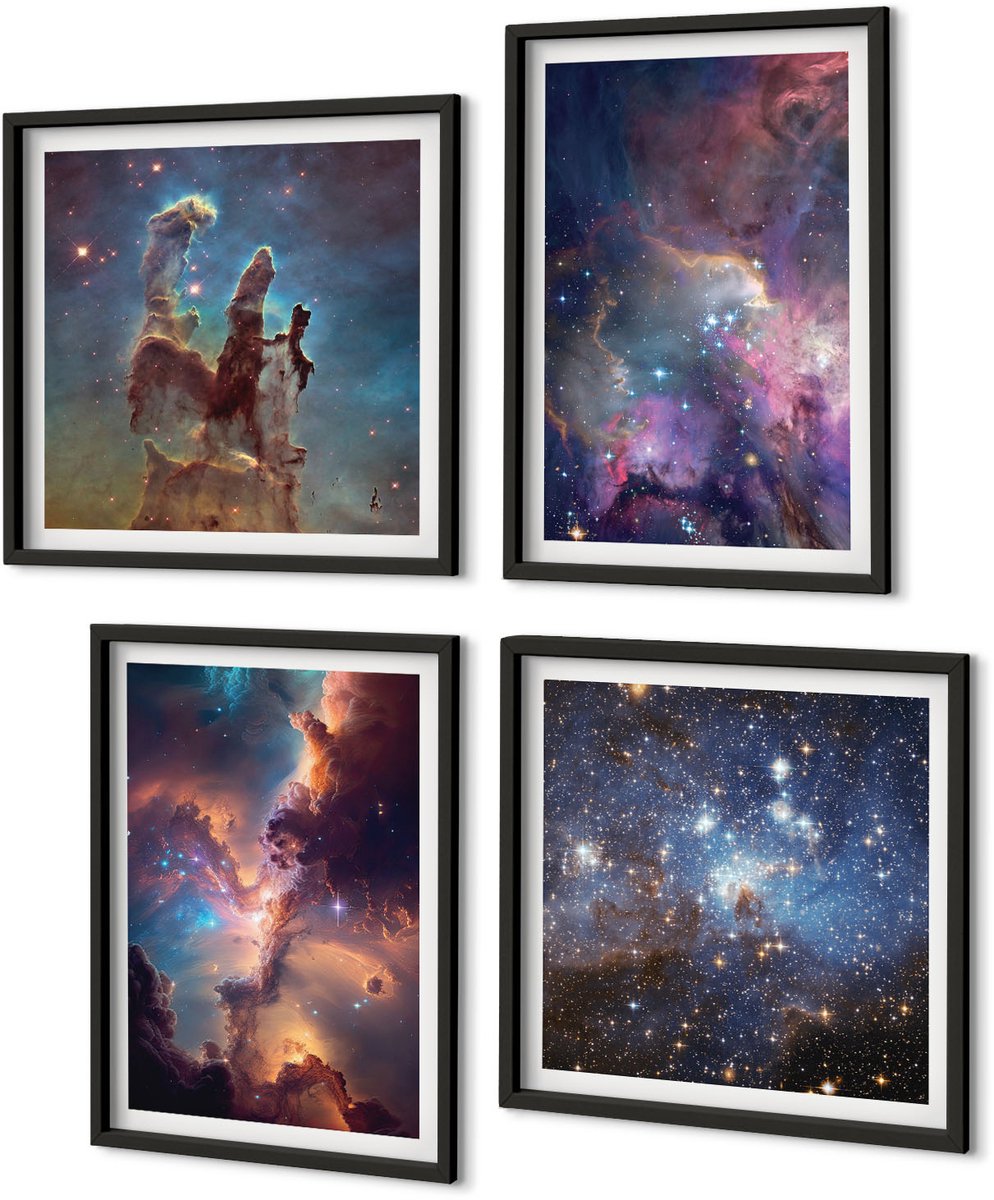 Coloray 4-Delige Schilderij Set - Ruimtelandschappen Met Sterren En Nevels - 40 x 40 cm En 40 x 60 cm - Muurdecoratie - Interieur Decoratie Zwarte lijst