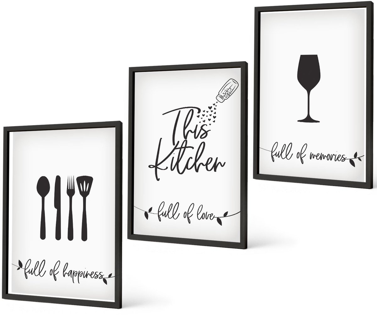Coloray 3-Delige Schilderij Set - Patronen Met Opschriften Voor Keukengerei - 40 x 60 cm - Decoratieve Muurdecoratie - Slaapkamer