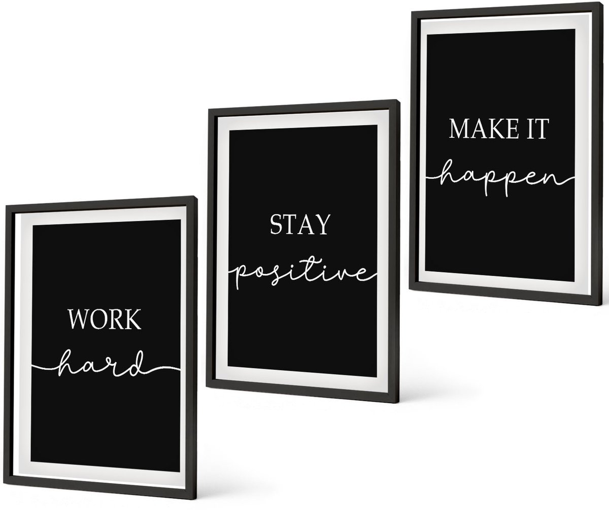 Coloray 3-Delige Schilderij Set - Elegante, Motiverende Slogans Op Een Zwarte Achtergrond - 40 x 60 cm - Muurdecoratie - Decoratieve Schilderijen - Wohnzimmer - Stijlvolle Muurdecoratie