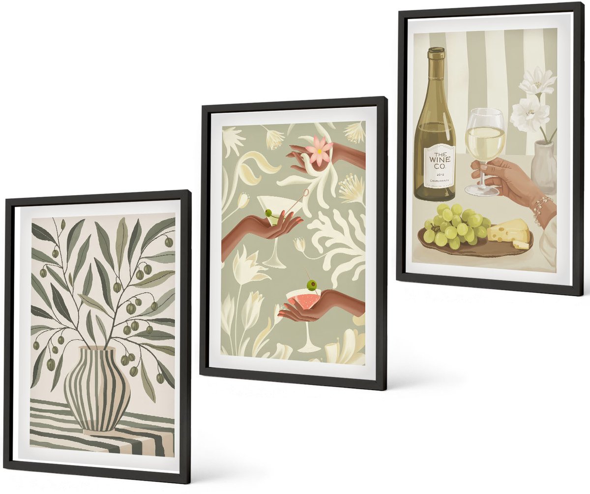 Coloray 3-Delige Schilderij Set - Olijfbloemen En Rustieke Cocktails - 40 x 60 cm - Wanddecoratie - Muurdecoratie - Moderne Interieurdecoratie - Woonkamer Decoratie