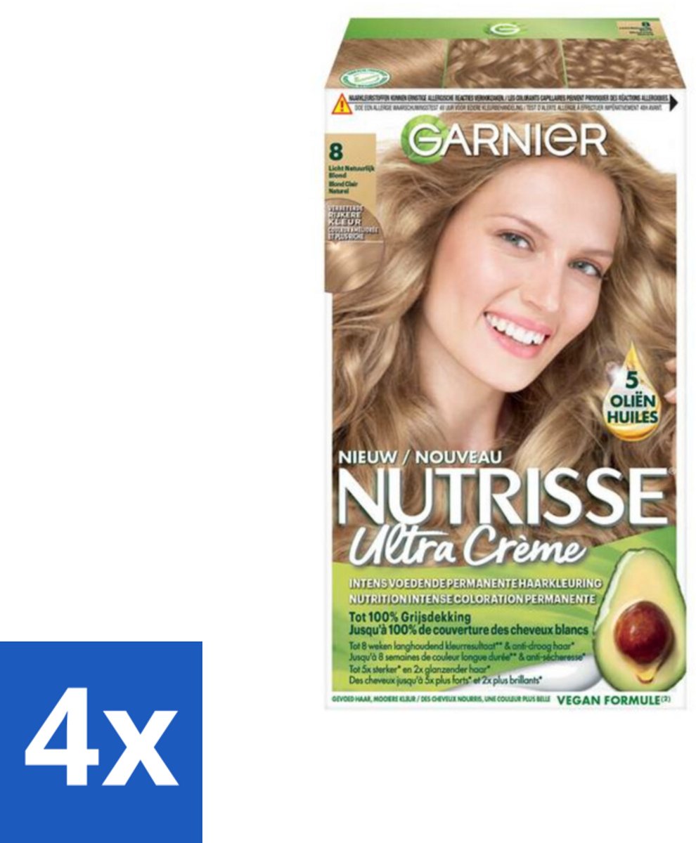4 x Garnier - Nutrisse Ultra Crème 8 - Haarkleuring - Lichtblond - Intens Voedend - Permanente Kleur - Haarverf - Blonde Haarkleur - Permanente Haarkleur - Voedende Haarkleuring - Grijsdekking