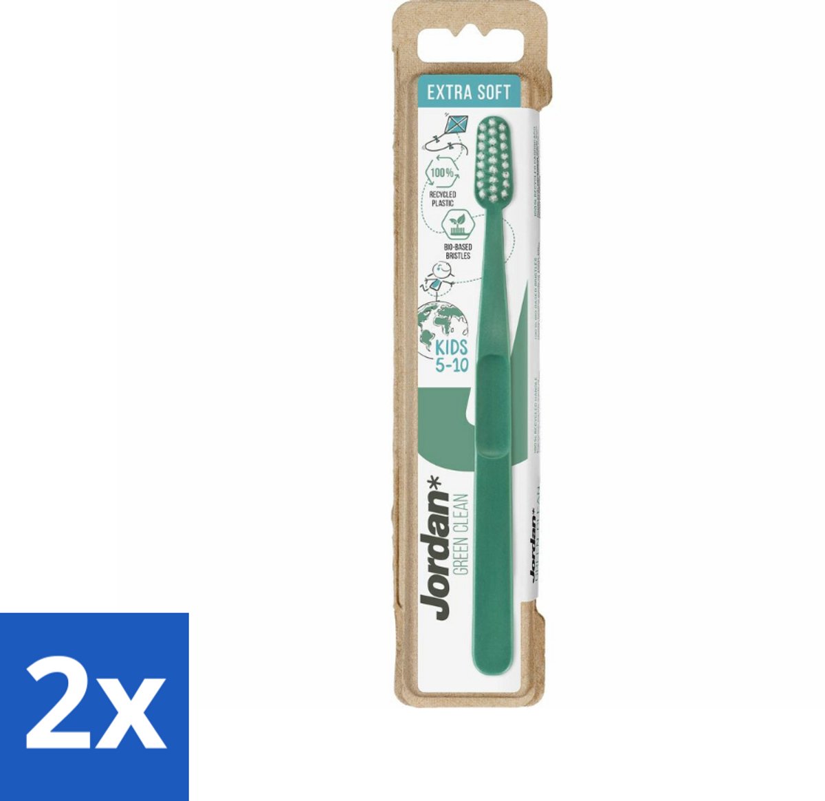 2 x Jordan - Tandenborstel - Green Clean - Extra Soft - 5 tot 10 Jaar - Kinder Tandenborstel - Tandenborstel Voor Kinderen - Duurzame Tandenborstel - Milieuvriendelijke Tandenborstel - Biologische Tandenborstel